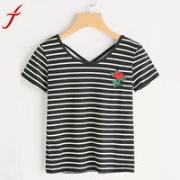 Crisscross T-shirt Summer Short Sleeve Women Stripe Rose Print Top Sexy Bandage Black shirts tops ladies tshirts tee