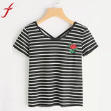 Crisscross T-shirt Summer Short Sleeve Women Stripe Rose Print Top Sexy Bandage Black shirts tops ladies tshirts tee