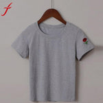 2017 Summer Embroidery T-shirt Women harajuku O-Neck Cotton Short Sleeve Flower Gray Tee Shirt For Female