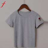 2017 Summer Embroidery T-shirt Women harajuku O-Neck Cotton Short Sleeve Flower Gray Tee Shirt For Female