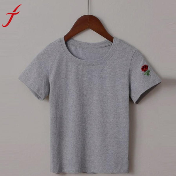 2017 Summer Embroidery T-shirt Women harajuku O-Neck Cotton Short Sleeve Flower Gray Tee Shirt For Female