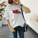 Fashion Women Holes White T-Shirt 2017 Casual Short Sleeve Ripped Rose Embroidery Blusa Bandage Basic Tops Tee Shirts