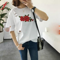 Fashion Women Holes White T-Shirt 2017 Casual Short Sleeve Ripped Rose Embroidery Blusa Bandage Basic Tops Tee Shirts