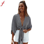 Summer Women Striped Beach T-shirt Cape Ladies Deep V neck Crop Top Shirt Loose Casual Batwing Sleeve Short Tops