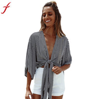 Summer Women Striped Beach T-shirt Cape Ladies Deep V neck Crop Top Shirt Loose Casual Batwing Sleeve Short Tops