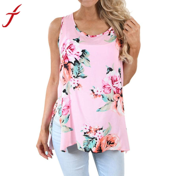 Floral Printing Top 2017 Summer Women Casual Sleeveless Streetstyle Shirt Blusa Lycra cotton split Cami Top Shirt S~5XL