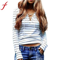Winter Autumn White T-Shirt Women Stripe Long Sleeve Sexy V-neck Bandage Decoration Casual Tops Plus Size S~XXXXL#LSW