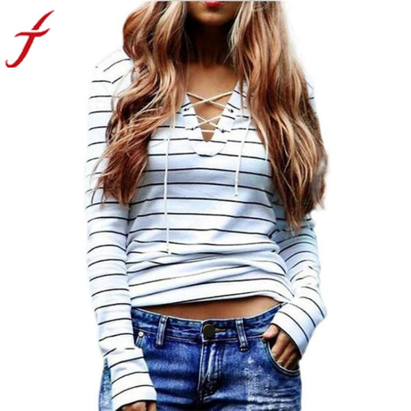 Winter Autumn White T-Shirt Women Stripe Long Sleeve Sexy V-neck Bandage Decoration Casual Tops Plus Size S~XXXXL#LSW