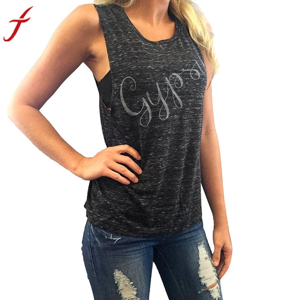 Summer T-shirt Women GYPSY Letters Pattern Sleeveless Cropped feminino Black Shirt Tops fitness women
