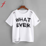 WHAT EVER Letters Printed T-shirt Fashion Women Short Sleeve White Tops 2017 Summer Casual Shirt Holes femme Blusa Harajuku