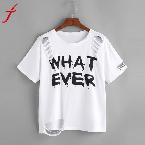 WHAT EVER Letters Printed T-shirt Fashion Women Short Sleeve White Tops 2017 Summer Casual Shirt Holes femme Blusa Harajuku