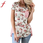 Flower Printed Shirt Women Short Sleeve Floral Stripe Pocket T Shirt Casual Tops Tee Shirt Cotton Fitness Top Regata Feminina