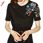 Flower Embroidery T Shirt Women Casual Short Sleeve Tees Ladies Knitted Tops Female Tees Elegant Ladies Tees Tops