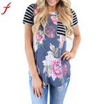 2017 Hot Sale Floral Printed T-shirt Women Short Sleeve Striped Casual Cotton Shirt Tops Feminina Slim Brand Tops