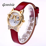 Genvivia High Quality Top Women Watches Cute Glasses Cat Women Analog relogio QuartzDial Thin LeatheWristwatch relogio feminino