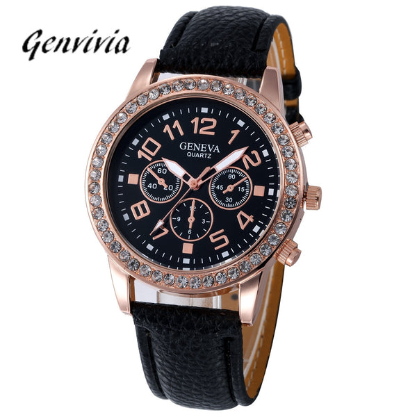 Genvivia Elegant Women Faux Leather Analog Luxury Quartz Wrist Watch Female Clock Montre Femme Relogio Feminino