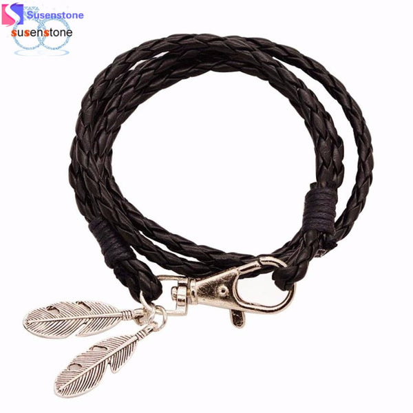 SUSENSTONE Black Leather cord multi-layer braided feather bracelet  Friendship Bracelets Bangles Accessories