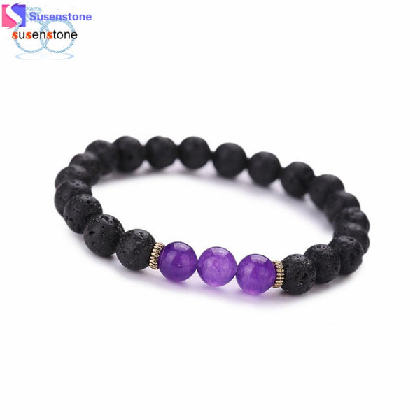 SUSENSTONE Wholesale Black Volcanic Lava Stone Beaded bracelet For Women Men Fashion personality Jewelry