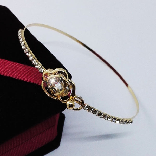 Elegant Women's Crystal Rose Flower Bangle Cuff Bracelet Jewelry Gold