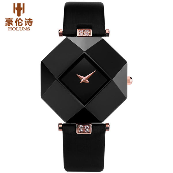 HOLUNS Brand Luxury Leather Watches Women Creative Ceramic Diamond Dial Fashion Casual Genuine Elegant Ladies Quartz Wrist Watch