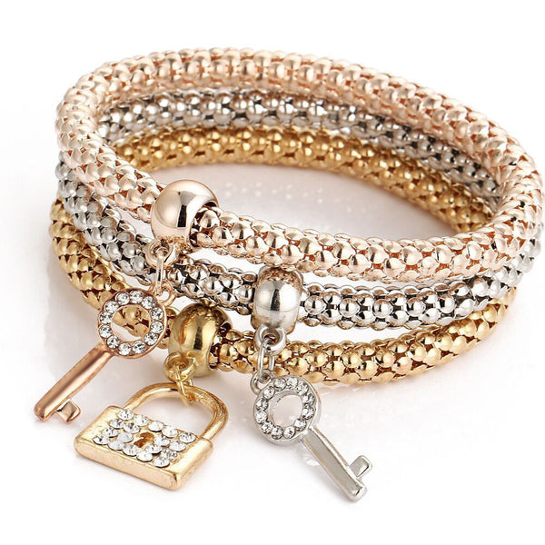 3pcs Charm Women Bracelet Gold Silver Rose Gold Rhinestone Bangle Jewelry Set