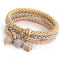 3pcs Charm Women Bracelet Gold Silver Rose Gold Rhinestone Bangle Jewelry Set