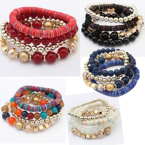 Women 4 Pcs Colorful Beads Multilayer Bangle Handmade Bracelets Florid Cool