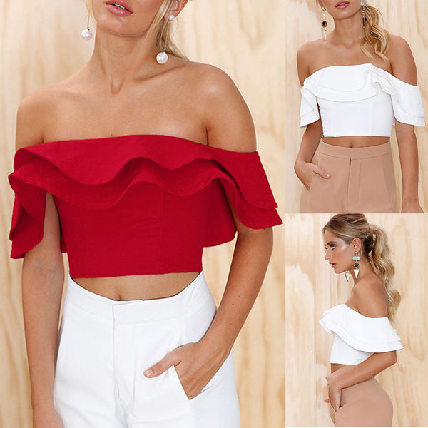 Women Ladies Sexy Ruffle Shirt Off Shoulder Short Shirt Blouse Tops