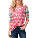 Women Ladies Dog Printing Patchwork Long Sleeve Casual Shirt Tops Blouse