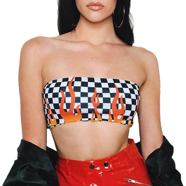 Sexy Strapless Tube Top 2018 Summer Women Printed Bandeau Sleeveless Crop Top Jaded London Flames Checkered Wrap Chest