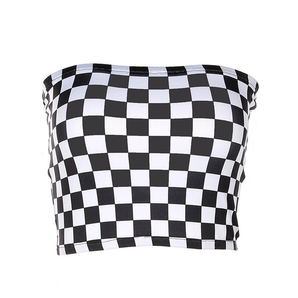 2018 Fashion Women Sexy Black And White Plaid Checkboard Slash Neck Strapless Tube Top Cropped Bandeau Underwear Bras