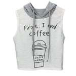 first ineed coffee Printing 2017 T-Shirt Women Fashion Hooded cropped feminino Sleeveless Crop Tops