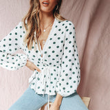Conmoto 2018 Ruffle Vintage Polka Dot Blouse Top Women White Chiffon Peplum Ladies Top Sexy V Neck Long Sleeve Split Blusa Mujer